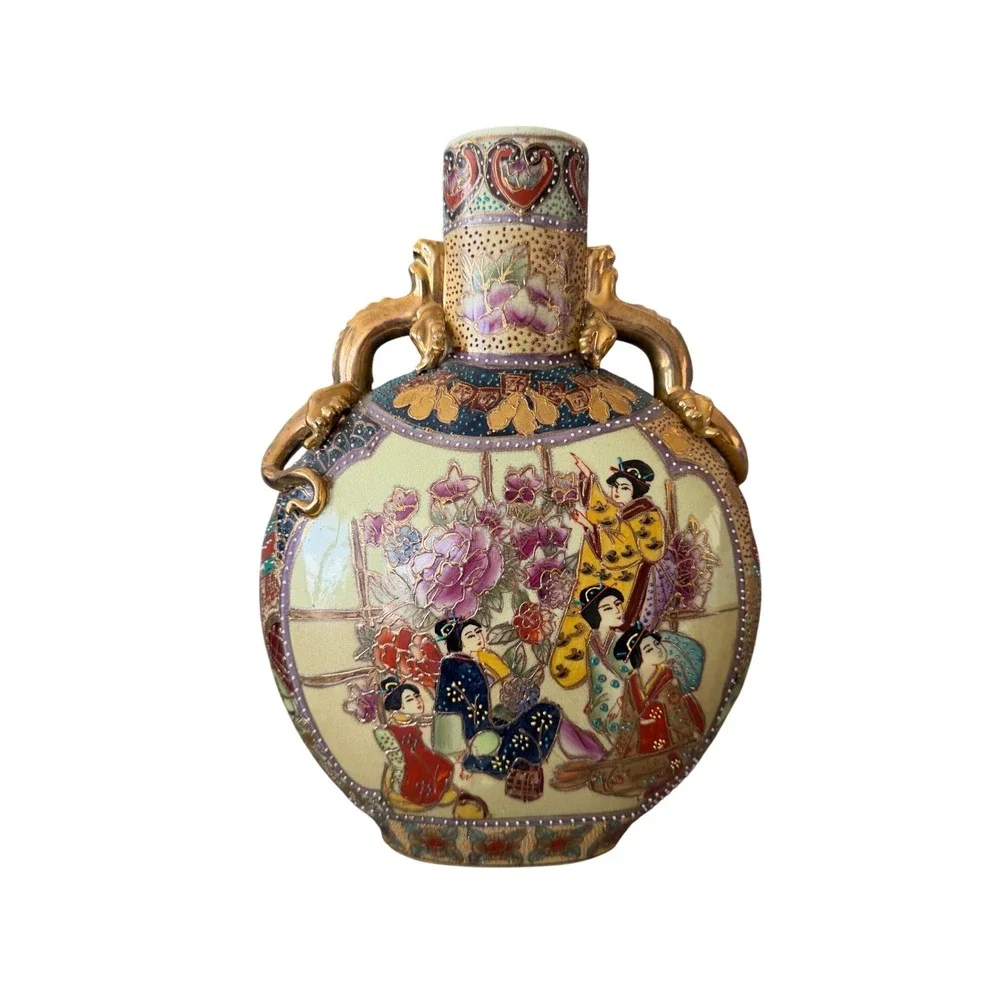 Royal Satsuma Hand Painted Moon Flask Vase‎ Gold Lizard Handles Geisha 10 inch